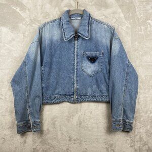 Prada Milano Womens Denim Jacket Size L Cotton Zip Front Pocket Detail